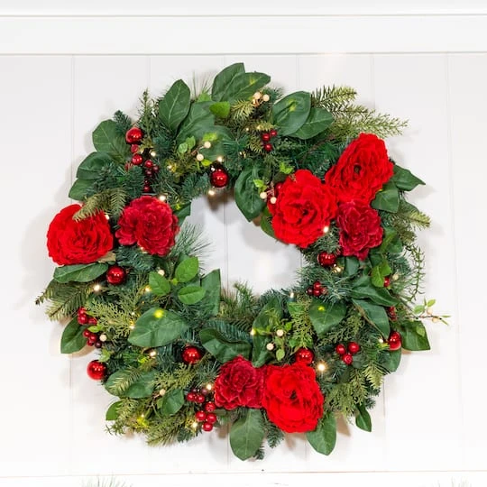 Village Lighting 30" LED Red Peonies & Berry Wreath 13 Village Lighting 30" LED Red Peonies & Berry Wreath - Image 11