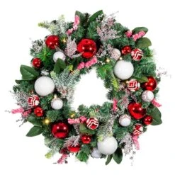 Village Lighting 30" Pre-Lit Nordic Christmas Wreath, Red & Clear LED Lights