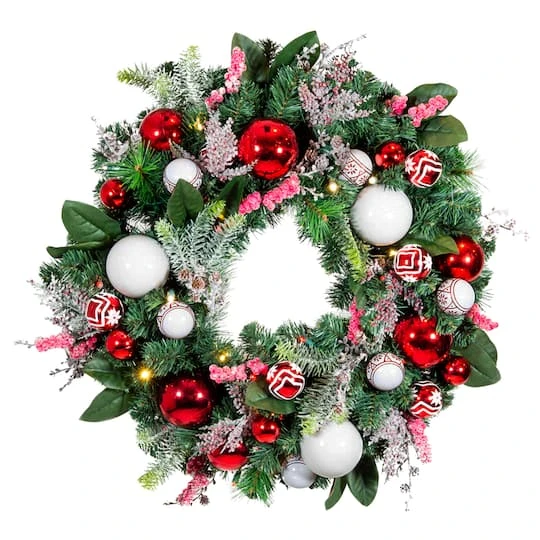 Village Lighting 30" Pre-Lit Nordic Christmas Wreath, Red & Clear LED Lights 3 Village Lighting 30" Pre-Lit Nordic Christmas Wreath, Red & Clear LED Lights