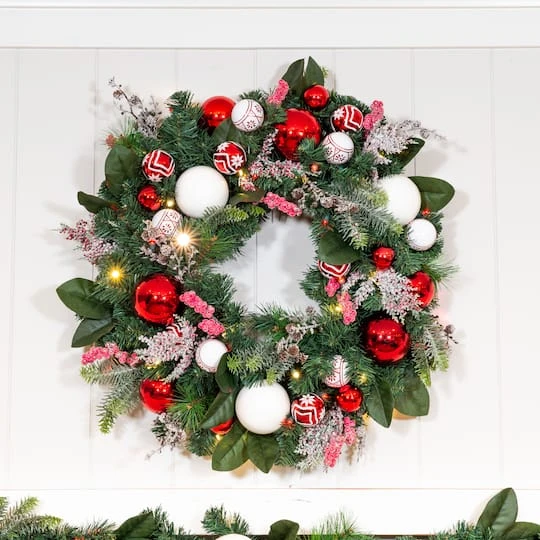 Village Lighting 30" Pre-Lit Nordic Christmas Wreath, Red & Clear LED Lights 8 Village Lighting 30" Pre-Lit Nordic Christmas Wreath, Red & Clear LED Lights - Image 6