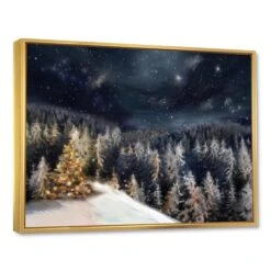 Designart - Night Forest Christmas Tree - Landscape Framed Canvas Art Print Gold -Michaels X-Mas Decor D448591S 1 1