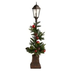 5ft. Pre-Lit LED Holiday Decorated Lamp Post With Greenery & Ornaments