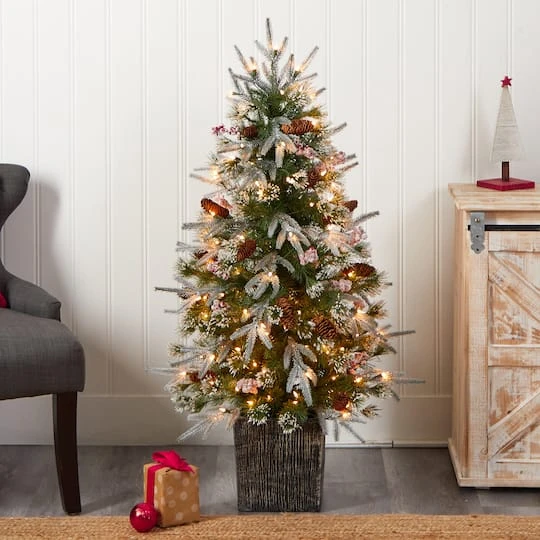 4ft. Pre-Lit Frosted Artificial Christmas Tree In Decorative Planter, White LED Lights 5 4ft. Pre-Lit Frosted Artificial Christmas Tree In Decorative Planter, White LED Lights - Image 3