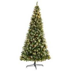 10ft. Pre-Lit Frosted Swiss Pine Artificial Christmas Tree With Berries, Clear LED Lights