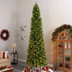 12ft. Pre-Lit Slim Green Mountain Pine Artificial Christmas Tree, Clear LED Lights -Michaels X-Mas Decor D478878S 7