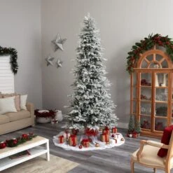 9.5ft. Pre-Lit Slim Flocked Nova Scotia Spruce Artificial Christmas Tree, White LED Lights -Michaels X-Mas Decor D478954S 10