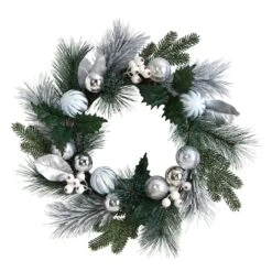 24" Pinecones & Berries Christmas Wreath With Silver Ornaments