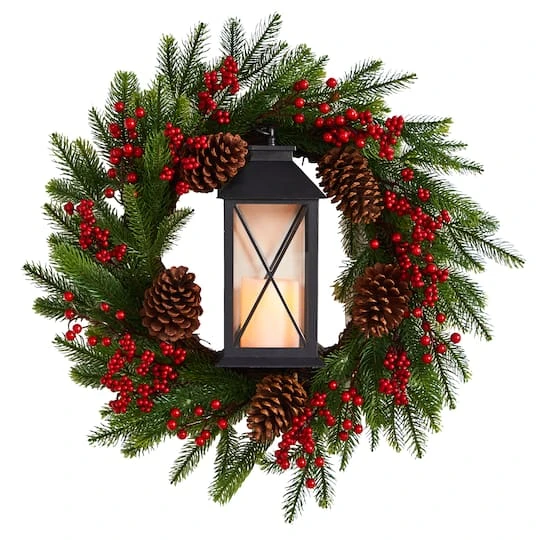 28" Berries & Pine Christmas Wreath With Lantern & Included LED Candle 4 28" Berries & Pine Christmas Wreath With Lantern & Included LED Candle - Image 2