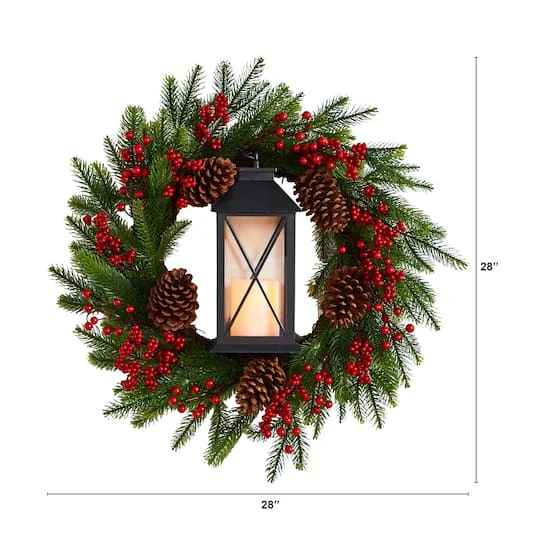 28" Berries & Pine Christmas Wreath With Lantern & Included LED Candle 5 28" Berries & Pine Christmas Wreath With Lantern & Included LED Candle - Image 3