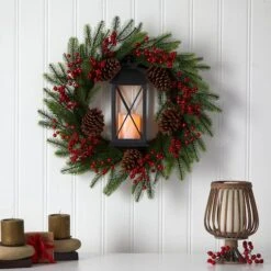 28" Berries & Pine Christmas Wreath With Lantern & Included LED Candle 10 28" Berries & Pine Christmas Wreath With Lantern & Included LED Candle -Michaels X-Mas Decor D478984S 3