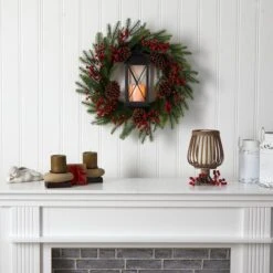 28" Berries & Pine Christmas Wreath With Lantern & Included LED Candle 11 28" Berries & Pine Christmas Wreath With Lantern & Included LED Candle -Michaels X-Mas Decor D478984S 4