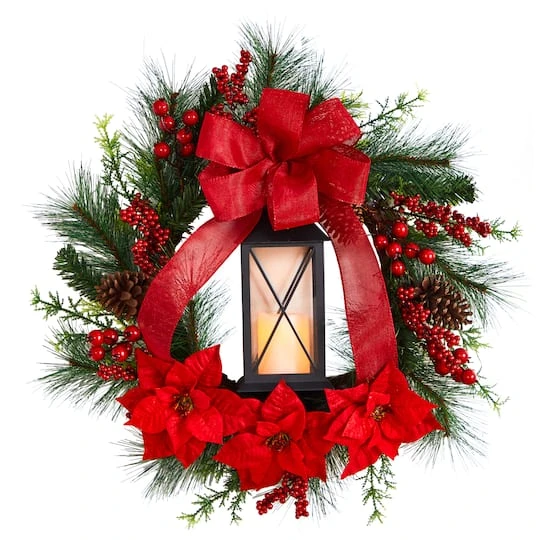 28" Poinsettia & Berry Holiday Lantern Christmas Wreath With LED Candle 4 28" Poinsettia & Berry Holiday Lantern Christmas Wreath With LED Candle - Image 2