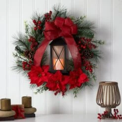 28" Poinsettia & Berry Holiday Lantern Christmas Wreath With LED Candle 10 28" Poinsettia & Berry Holiday Lantern Christmas Wreath With LED Candle -Michaels X-Mas Decor D478985S 3