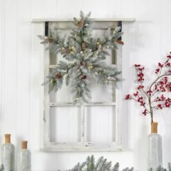30" Pre-Lit Flocked Snowflake Artificial Dunhill Fir Wreath With Pinecones -Michaels X-Mas Decor D478999S 4