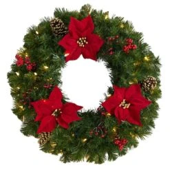 24" White LED Lights Poinsettia, Berry & Pinecone Artificial Wreath