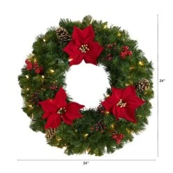 24" White LED Lights Poinsettia, Berry & Pinecone Artificial Wreath -Michaels X-Mas Decor D479004S 2