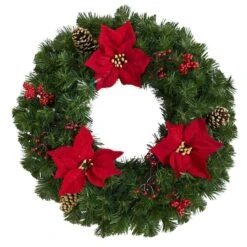 24" White LED Lights Poinsettia, Berry & Pinecone Artificial Wreath -Michaels X-Mas Decor D479004S 3