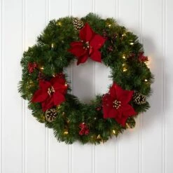 24" White LED Lights Poinsettia, Berry & Pinecone Artificial Wreath -Michaels X-Mas Decor D479004S 4