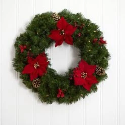 24" White LED Lights Poinsettia, Berry & Pinecone Artificial Wreath -Michaels X-Mas Decor D479004S 5