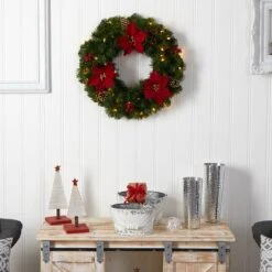 24" White LED Lights Poinsettia, Berry & Pinecone Artificial Wreath -Michaels X-Mas Decor D479004S 6