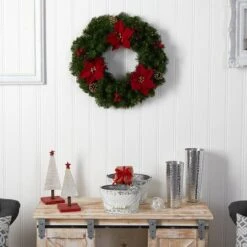 24" White LED Lights Poinsettia, Berry & Pinecone Artificial Wreath -Michaels X-Mas Decor D479004S 7