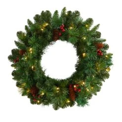20" White LED Lights Frosted Pine Artificial Christmas Wreath With Pinecones & Berries
