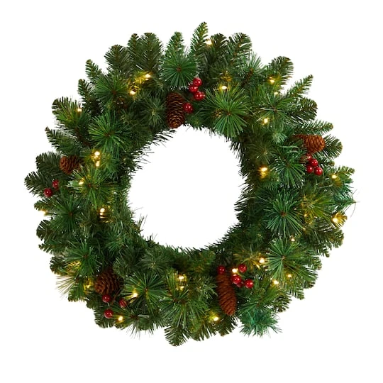 20" White LED Lights Frosted Pine Artificial Christmas Wreath With Pinecones & Berries 3 20" White LED Lights Frosted Pine Artificial Christmas Wreath With Pinecones & Berries