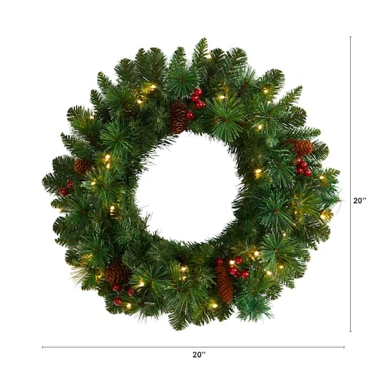 20" White LED Lights Frosted Pine Artificial Christmas Wreath With Pinecones & Berries 5 20" White LED Lights Frosted Pine Artificial Christmas Wreath With Pinecones & Berries - Image 3
