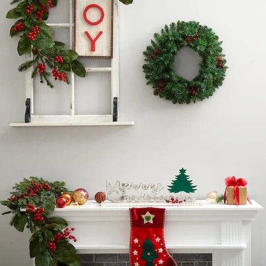 20" White LED Lights Frosted Pine Artificial Christmas Wreath With Pinecones & Berries 8 20" White LED Lights Frosted Pine Artificial Christmas Wreath With Pinecones & Berries - Image 6