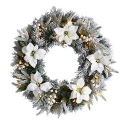 24" White LED Lights Flocked Poinsettia & Pine Artificial Christmas Wreath 11 24" White LED Lights Flocked Poinsettia & Pine Artificial Christmas Wreath -Michaels X-Mas Decor D479011S 1 1