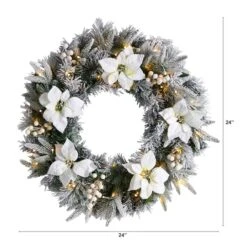 24" White LED Lights Flocked Poinsettia & Pine Artificial Christmas Wreath 12 24" White LED Lights Flocked Poinsettia & Pine Artificial Christmas Wreath -Michaels X-Mas Decor D479011S 2