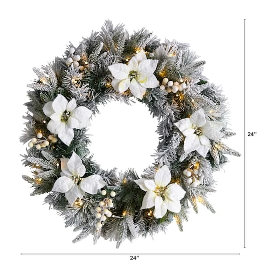 24" White LED Lights Flocked Poinsettia & Pine Artificial Christmas Wreath 5 24" White LED Lights Flocked Poinsettia & Pine Artificial Christmas Wreath - Image 3