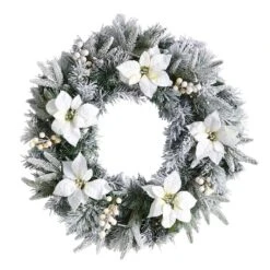 24" White LED Lights Flocked Poinsettia & Pine Artificial Christmas Wreath 13 24" White LED Lights Flocked Poinsettia & Pine Artificial Christmas Wreath -Michaels X-Mas Decor D479011S 3