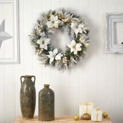 24" White LED Lights Flocked Poinsettia & Pine Artificial Christmas Wreath 14 24" White LED Lights Flocked Poinsettia & Pine Artificial Christmas Wreath -Michaels X-Mas Decor D479011S 4