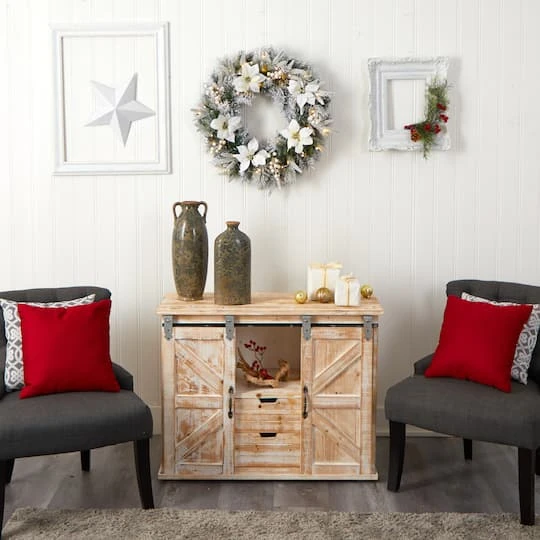 24" White LED Lights Flocked Poinsettia & Pine Artificial Christmas Wreath 9 24" White LED Lights Flocked Poinsettia & Pine Artificial Christmas Wreath - Image 7