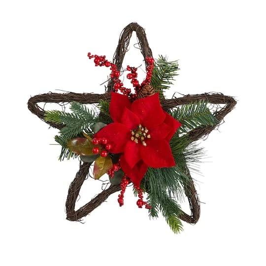 16" Holiday Christmas Poinsettia Star Twig Wreath 4 16" Holiday Christmas Poinsettia Star Twig Wreath - Image 2