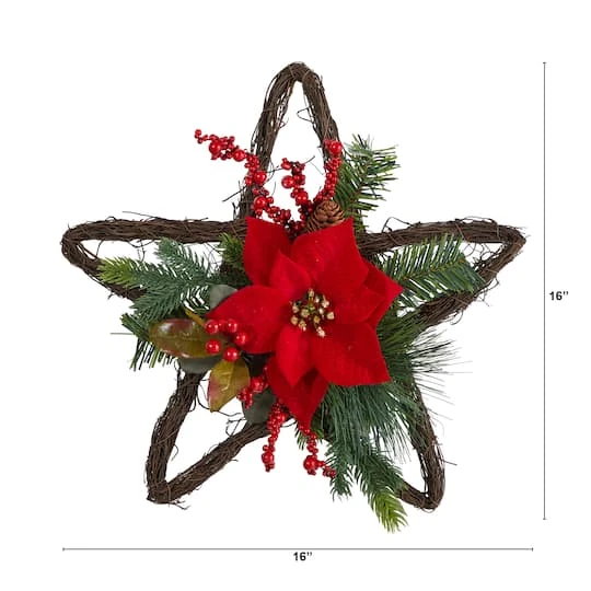 16" Holiday Christmas Poinsettia Star Twig Wreath 5 16" Holiday Christmas Poinsettia Star Twig Wreath - Image 3