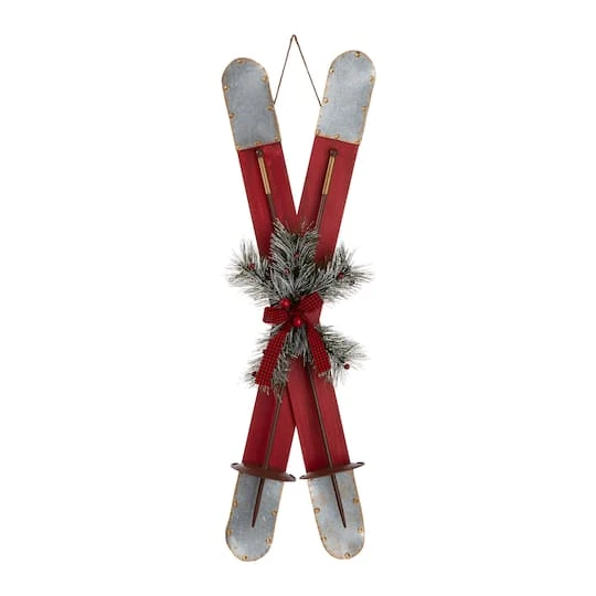 Glitzhome® 35" Red Wooden & Galvanized Ski Porch Décor 4 Glitzhome® 35" Red Wooden & Galvanized Ski Porch Décor - Image 2