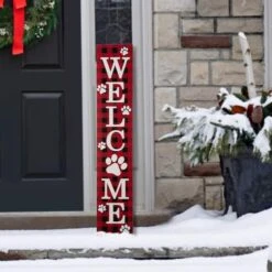 Glitzhome® 42" Plaid Pet "WELCOME" Wooden Porch Sign -Michaels X-Mas Decor D479477S 3