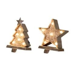 Glitzhome® 8" Marquee LED Christmas Tree & Star Wooden & Metal Stocking Holder Set