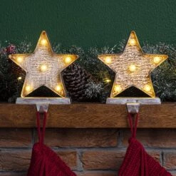 Glitzhome® 8" Marquee LED Star Wooden & Metal Stocking Holder Set -Michaels X-Mas Decor D479504S 2