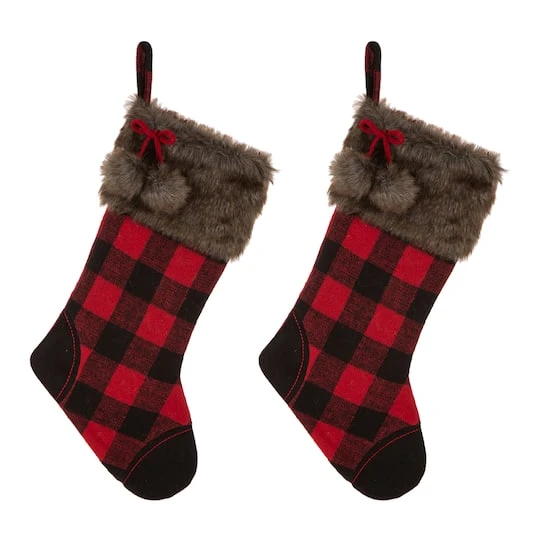 Glitzhome® 21" Black & Red Buffalo Plaid Pompom Stockings, 2ct. 4 Glitzhome® 21" Black & Red Buffalo Plaid Pompom Stockings, 2ct. - Image 2