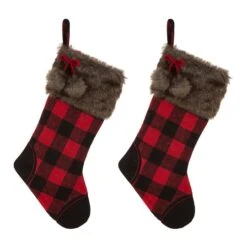 Glitzhome® 21" Black And Red Buffalo Plaid Pompom Stocking, Set Of 2