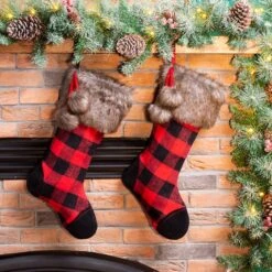 Glitzhome® 21" Black And Red Buffalo Plaid Pompom Stocking, Set Of 2 -Michaels X-Mas Decor D479591S 2