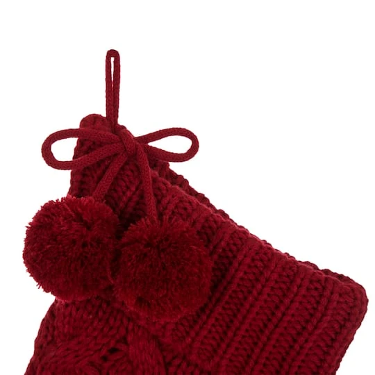 Glitzhome® 24" Red Knitted Polyester Christmas Stocking With Pom Pom, 2ct. 7 Glitzhome® 24" Red Knitted Polyester Christmas Stocking With Pom Pom, 2ct. - Image 5