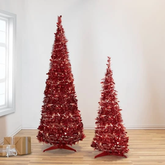 Northlight 6ft. Pre-Lit Red Tinsel Artificial Pop-Up Christmas Tree, Clear Lights 9 Northlight 6ft. Pre-Lit Red Tinsel Artificial Pop-Up Christmas Tree, Clear Lights - Image 7
