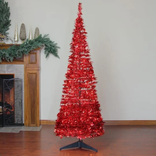 Northlight 6ft. Pre-Lit Red Tinsel Artificial Pop-Up Christmas Tree, Clear Lights 5 Northlight 6ft. Pre-Lit Red Tinsel Artificial Pop-Up Christmas Tree, Clear Lights - Image 3