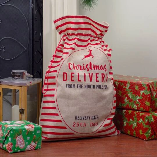 Northlight 27" Beige & Red Striped Christmas Delivery Tie Gift Bag 5 Northlight 27" Beige & Red Striped Christmas Delivery Tie Gift Bag - Image 3