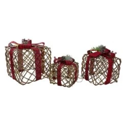 Northlight LED Rustic Rattan Christmas Gift Boxes With Pinecones Set