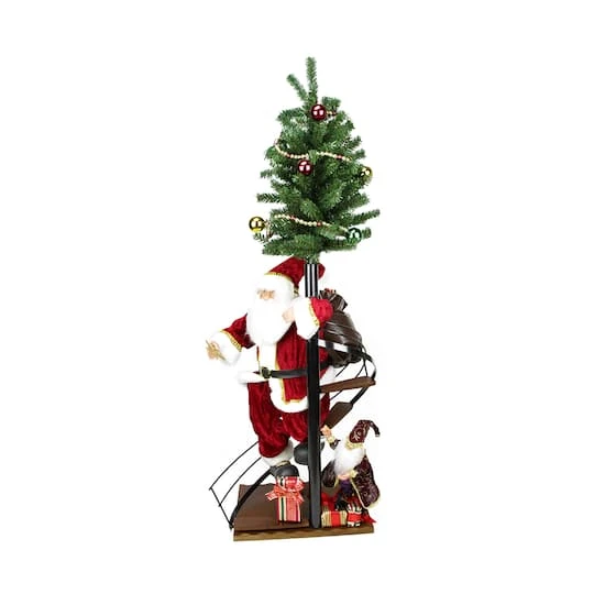 Northlight 4ft. Santa Claus On Spiral Staircase With Tree & Elf On Wooden Base 4 Northlight 4ft. Santa Claus On Spiral Staircase With Tree & Elf On Wooden Base - Image 2
